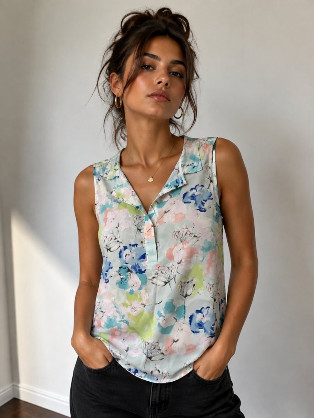 Talbots Sleeveless Floral Print Blouse with Split Neckline, Women's Size 2